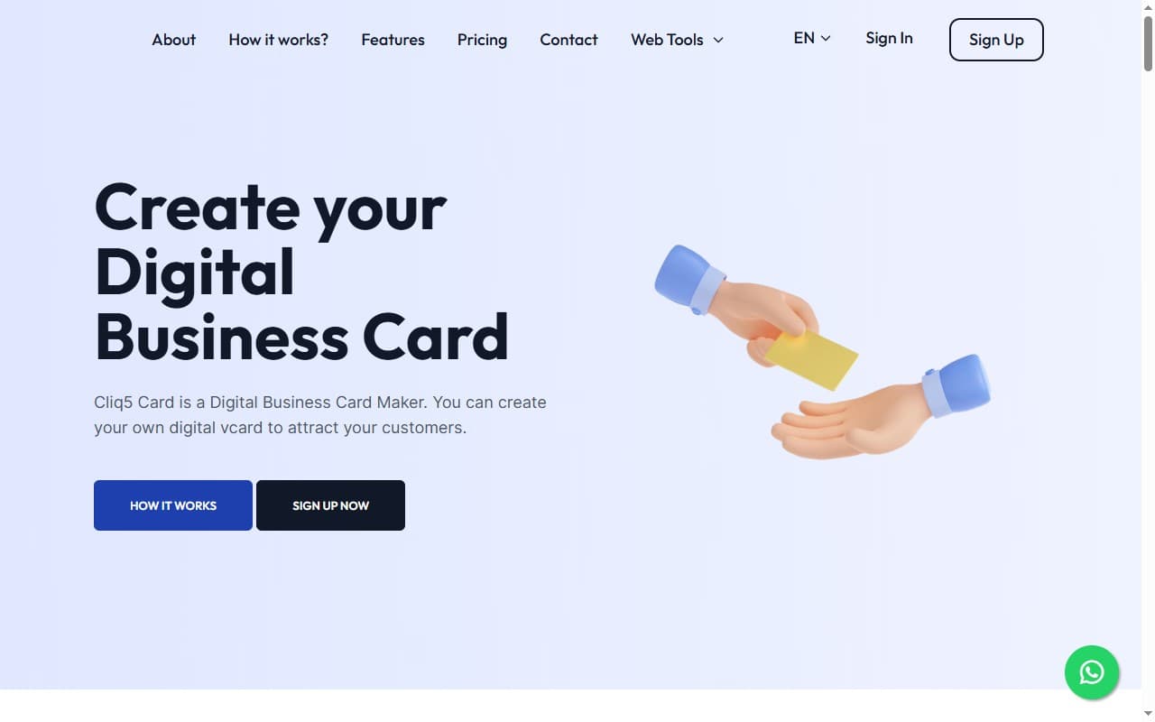 Cliq5 — صانع بطاقات أعمال رقمية (vCard) مع متجر واتساب متكامل للأعمال.